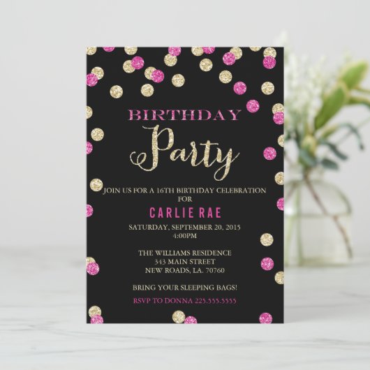 'Hot Pink' en 'Gold Glitter Birthday'-uitnodiginge Kaart (Staand voorkant)