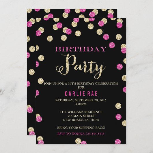 'Hot Pink' en 'Gold Glitter Birthday'-uitnodiginge Kaart (Voorkant / Achterkant)