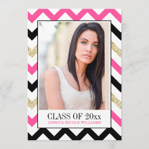 Hot Pink en Gold Glitter Chevron Afstuderen Kaart