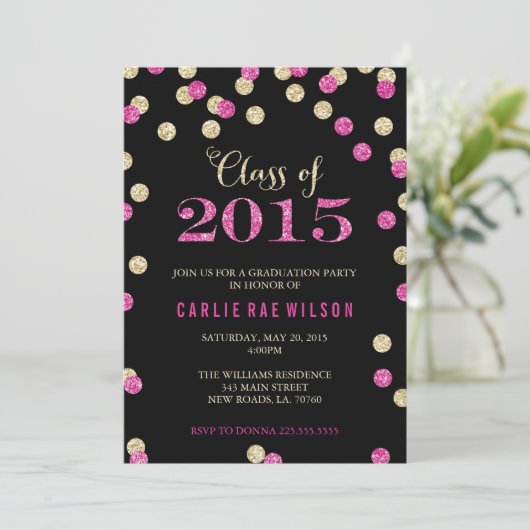Hot Pink en Gold Glitter Uitnodigingen voor afstud (Staand voorkant)
