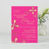 Hot Pink en Gold Indian Geïnspireerd huwelijk Kaart (Staand voorkant)