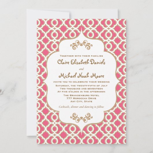 Hot PInk en Gold Moroccan Wedding Invitations Kaart (Voorkant)