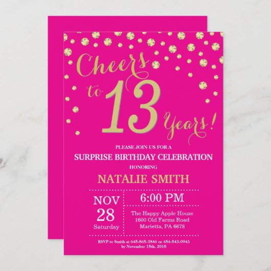 Hot Pink en Gold Surprise - 13e verjaardag Diamond Kaart (Voorkant / Achterkant)