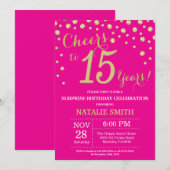Hot Pink en Gold Surprise 15e verjaardag diamant Kaart (Voorkant / Achterkant)