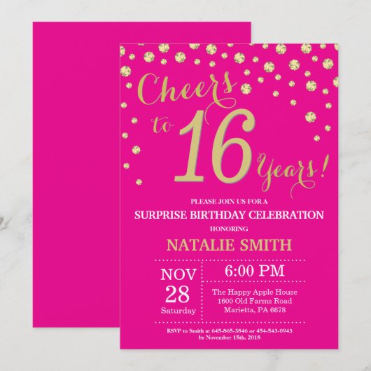 Hot Pink en Gold Surprise 16e verjaardag diamant Kaart (Voorkant / Achterkant)