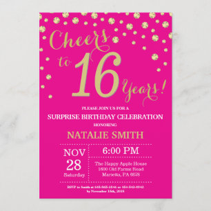 Hot Pink en Gold Surprise 16e verjaardag diamant Kaart