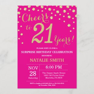 Hot Pink en Gold Surprise 21ste Verjaardag Diamond Kaart