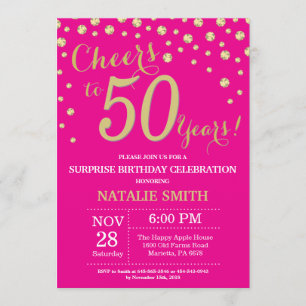 Hot Pink en Gold Surprise 50th Birthday Diamond Kaart