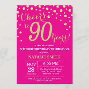 Hot Pink en Gold Surprise 90ste verjaardag diamant Kaart