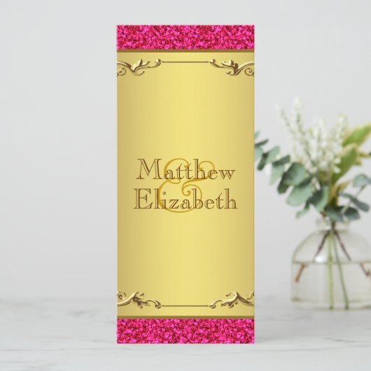 Hot Pink en Gold Wedding Menu Programma (Staand voorkant)