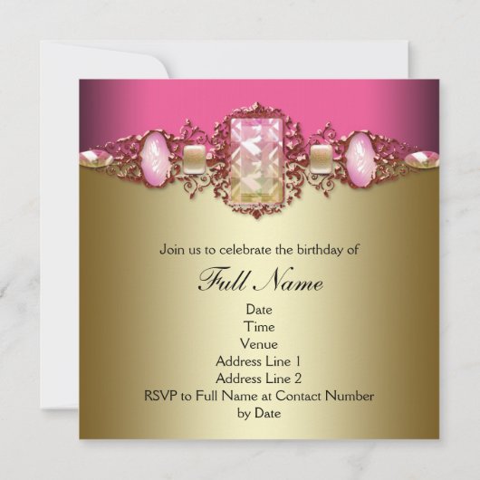 Hot Pink en Goud Verjaardagsfeest Kaart (Achterkant)