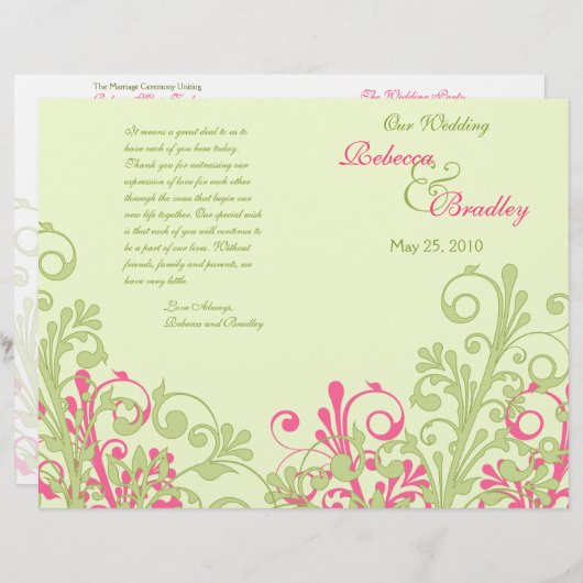 Hot Pink en Green Abstract Floral Wedding Programm (Voorkant / Achterkant)