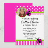Hot Pink en Green Ladybug BIrthday-uitnodigingen Kaart (Voorkant / Achterkant)
