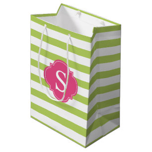 Hot Pink en Green Stripes Patroon en Monogram Medium Cadeauzakje