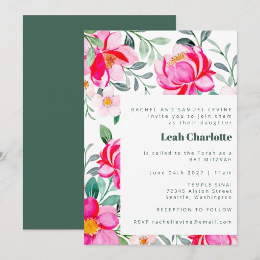 Hot Pink en Green Waterverf Floral Bat Mitzvah Kaart (Voorkant / Achterkant)