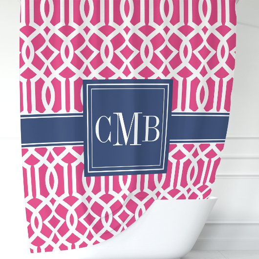 Hot Pink en Marokkaanse Navy Trellis Monogram Douchegordijn