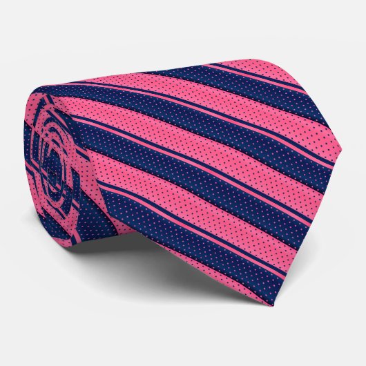 Hot Pink en Navy Blue Polka Dot Stripes Stropdas (Opgerold)