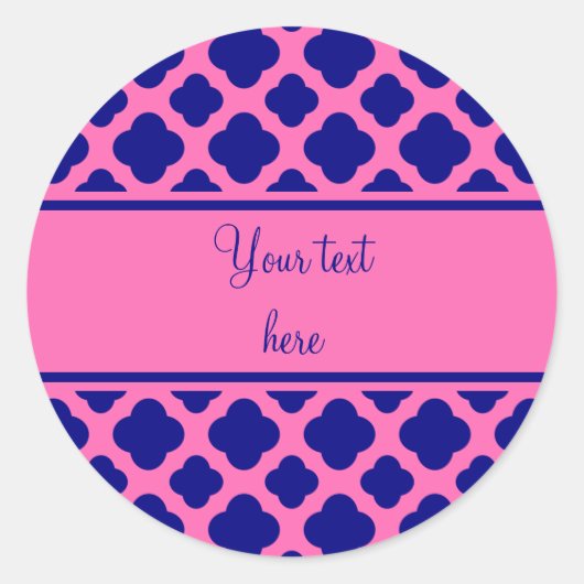 Hot Pink en Navy Blue Quatrefoil Pattern Ronde Sticker (Voorkant)