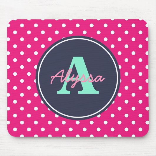 Hot Pink en Navy Stippen, Initiaal en naam Muismat (Voorkant)