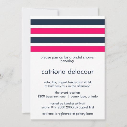 HOT PINK EN NAVY STRIPES BRIDAL SHOWER INVITATION KAART (Voorkant)