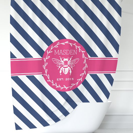 Hot Pink en Navy Stripes Honey Bee Monogram Douchegordijn