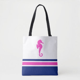 Hot Pink en Navy Stripes Zee Nautisch Paard Tote Bag