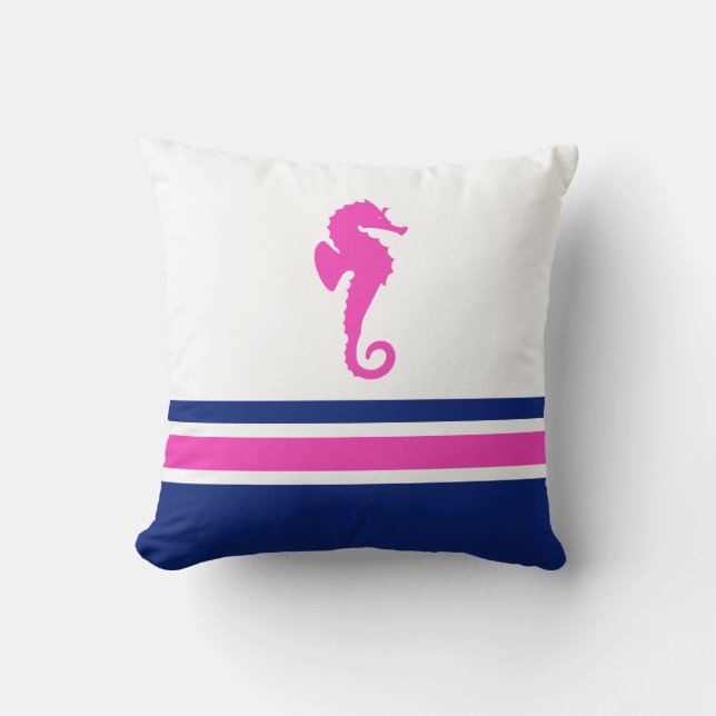 Hot Pink en Navy Zee Horse Nautical Kussen (Voorkant)