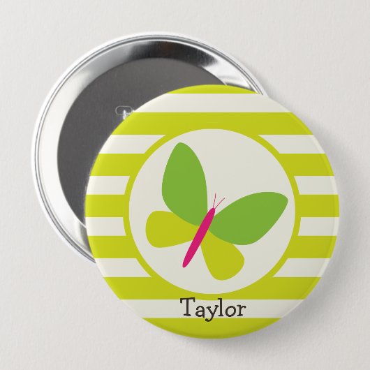 Hot Pink en Neon Green Butterfly; Stripes Ronde Button 4,0 Cm (Voorkant /achterkant)