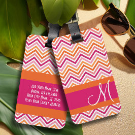 Hot Pink en Oranje Chevron Patroon met monogram Bagagelabel
