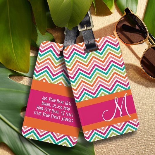Hot Pink en Oranje Chevron Patroon met monogram Bagagelabel