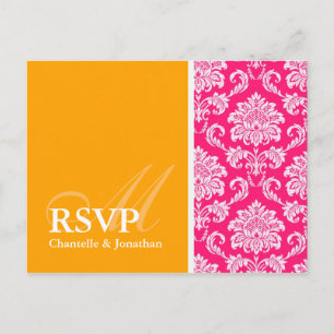 Hot Pink en Oranje Damask RSVP Briefkaart