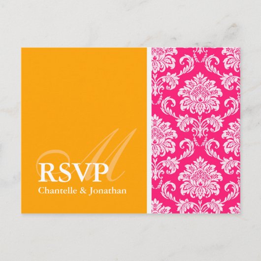 Hot Pink en Oranje Damask RSVP Briefkaart (Voorkant)