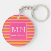 Hot Pink en Oranje gestreept monogram Sleutelhanger (Achterkant)