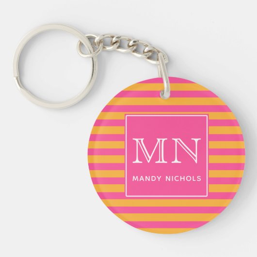 Hot Pink en Oranje gestreept monogram Sleutelhanger (Voorkant)