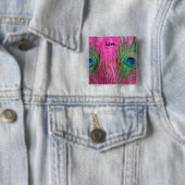 Hot Pink en Peacock Feathers Vierkante Button 5,1 Cm (In situ)