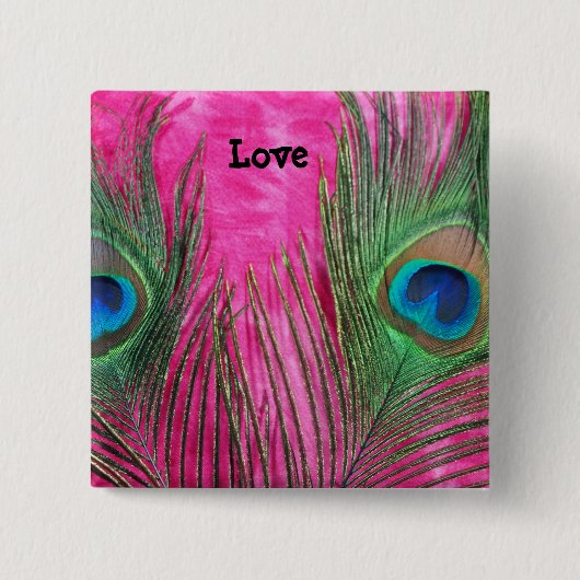 Hot Pink en Peacock Feathers Vierkante Button 5,1 Cm (Voorkant)