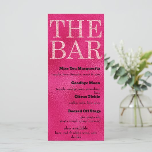 Hot Pink en Pink Glitter Drinken Menu voor The Bar (Staand voorkant)