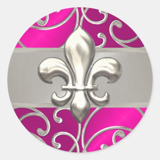 Hot Pink en Silver Filigree Swirls Fleur de Lis Ronde Sticker (Voorkant)