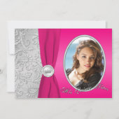 Hot Pink en Silver Photo Quinceanera-uitnodiging Kaart (Voorkant)