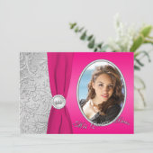 Hot Pink en Silver Photo Quinceanera-uitnodiging Kaart (Staand voorkant)
