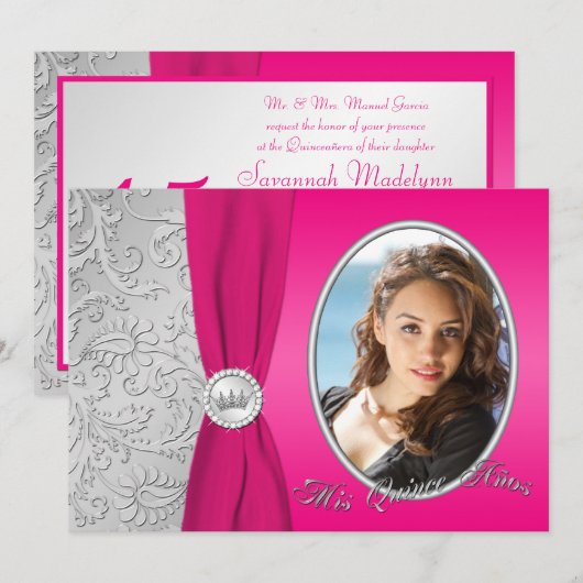 Hot Pink en Silver Photo Quinceanera-uitnodiging Kaart (Voorkant / Achterkant)