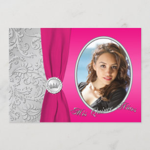 Hot Pink en Silver Photo Quinceanera-uitnodiging Kaart