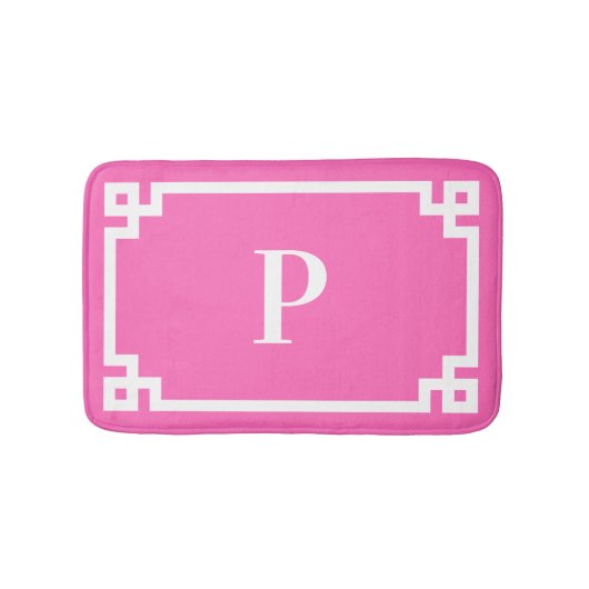 Hot Pink en White Greek Key Lijst Monogram Badmat (Voorkant)