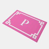Hot Pink en White Greek Key Lijst Monogram Deurmat (Schuin)