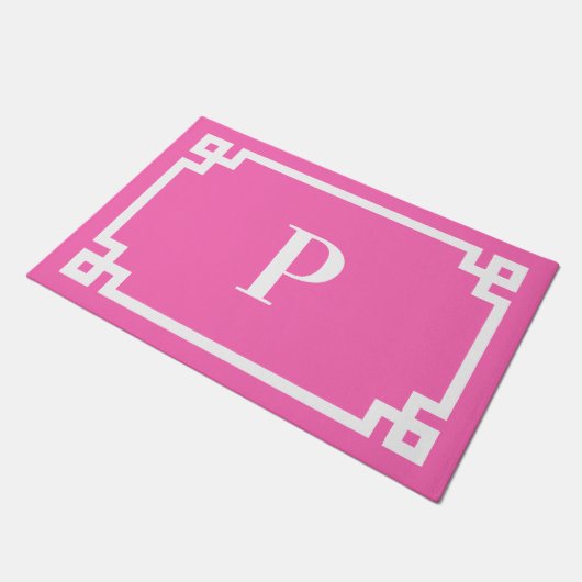Hot Pink en White Greek Key Lijst Monogram Deurmat (Schuin)