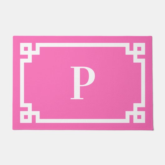 Hot Pink en White Greek Key Lijst Monogram Deurmat (Voorkant)