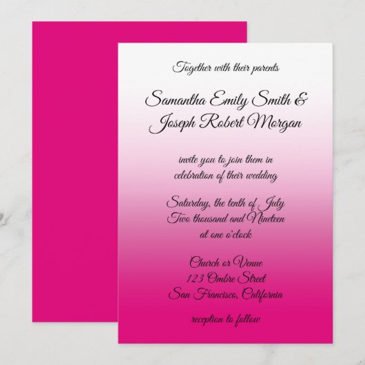 Hot Pink en White Ombre Calligraphy Wedding Kaart (Voorkant / Achterkant)