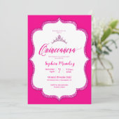 Hot Pink en white Quinceanera Invitation Kaart (Staand voorkant)