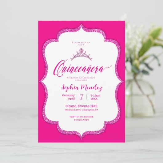 Hot Pink en white Quinceanera Invitation Kaart (Staand voorkant)