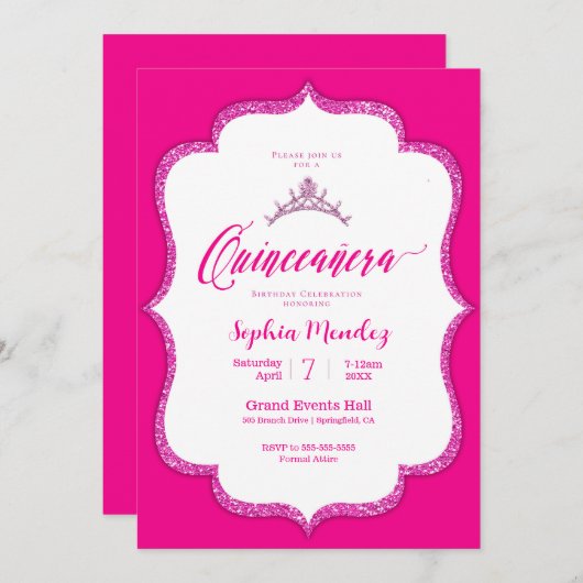 Hot Pink en white Quinceanera Invitation Kaart (Voorkant / Achterkant)